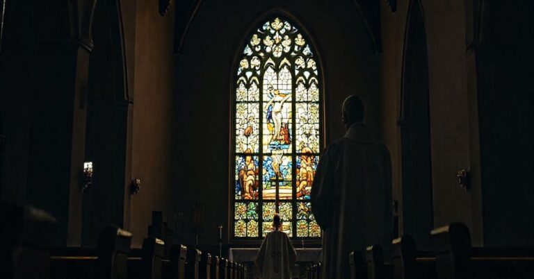 Tradycyjny witraż przedstawiający Ukrzyżowanie w kościele katolickim z księdzem w tradycyjnych szatach liturgicznych.