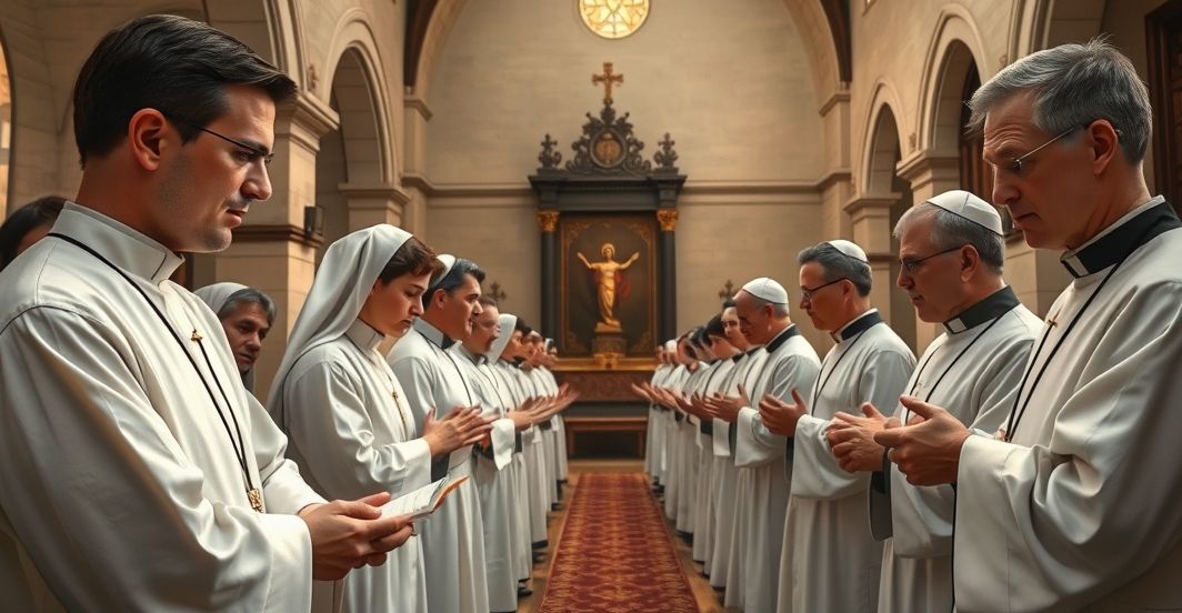 Zdjęcie realistycznej, pełnej szacunku sceny modlitwy zakonnej w tradycyjnym katolickim klasztorze, ukazujące pokornych kapłanów w sutannach podczas liturgii lub wspólnej modlitwy.