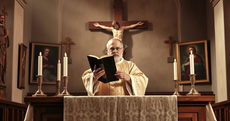 Scena katolicka przedstawiająca tradycyjny ołtarz z kapłanem, trzymającym Biblię, symbolizująca autorytet Kościoła i podporządkowanie Chrystusowi