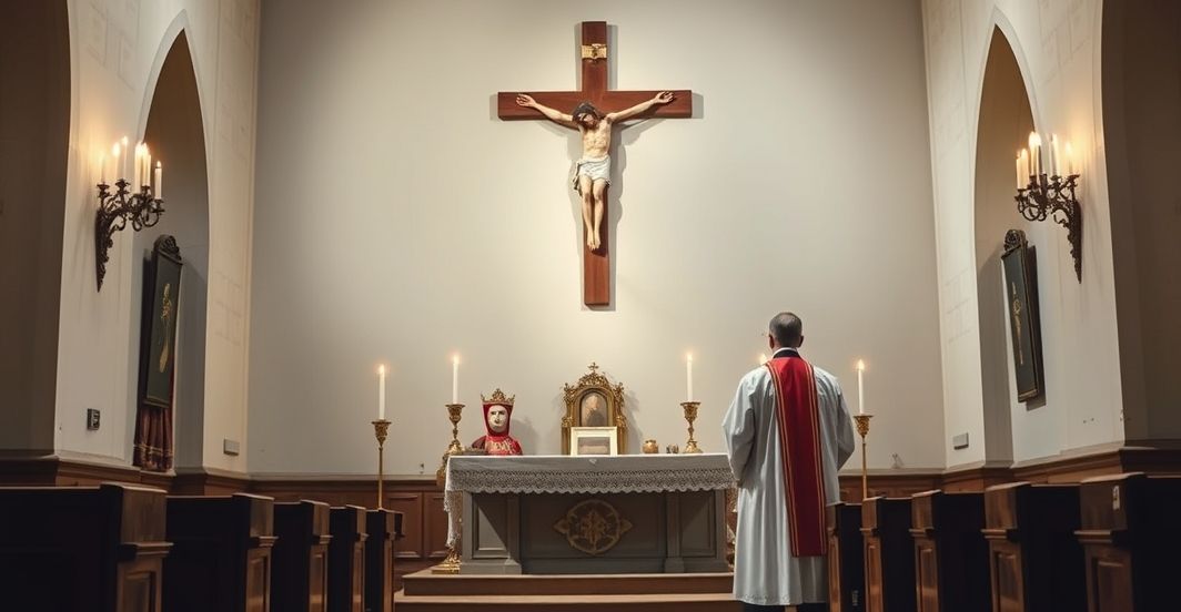 Tradycyjny katolicki obraz z ołtarzem, krzyżem i kapłanem w vestamentach, symbolizujący autentyczną wiarę i krytykę modernistycznych odchyleń w Kościele