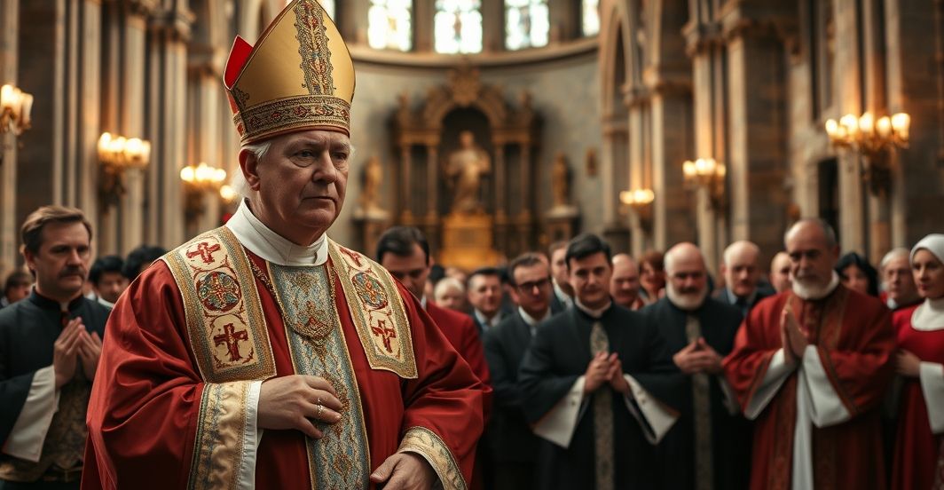 Tradycyjny katolicki biskup w katedrze podczas liturgii Rewersyjny obraz katolickiego biskupa w tradycyjnym stroju podczas nabożeństwa w katedrze, symbolizujący niezmienność wiary i hierarchii kościelnej
