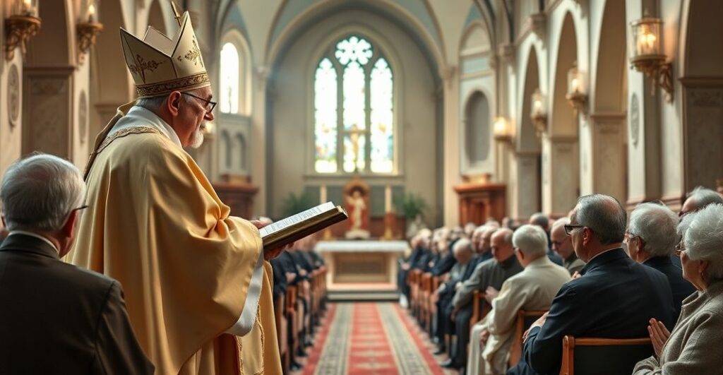 Doświadczony biskup głosi kazanie w tradycyjnej katolickiej świątyni, symbolizując odrzucenie modernistycznych tendencji