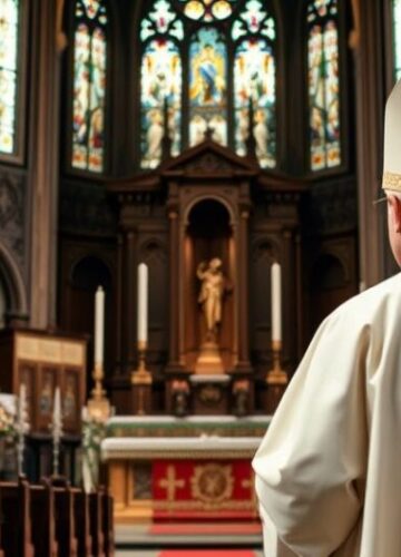 Tradycyjny katolicki biskup w świątyni - krytyka modernistycznych zmian Fotografia realistyczna tradycyjnego katolickiego biskupa w liturgicznych szatach w starej świątyni, ukazująca powagę i wierność tradycji katolickiej.