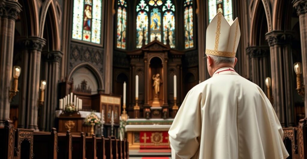 Fotografia realistyczna tradycyjnego katolickiego biskupa w liturgicznych szatach w starej świątyni, ukazująca powagę i wierność tradycji katolickiej.