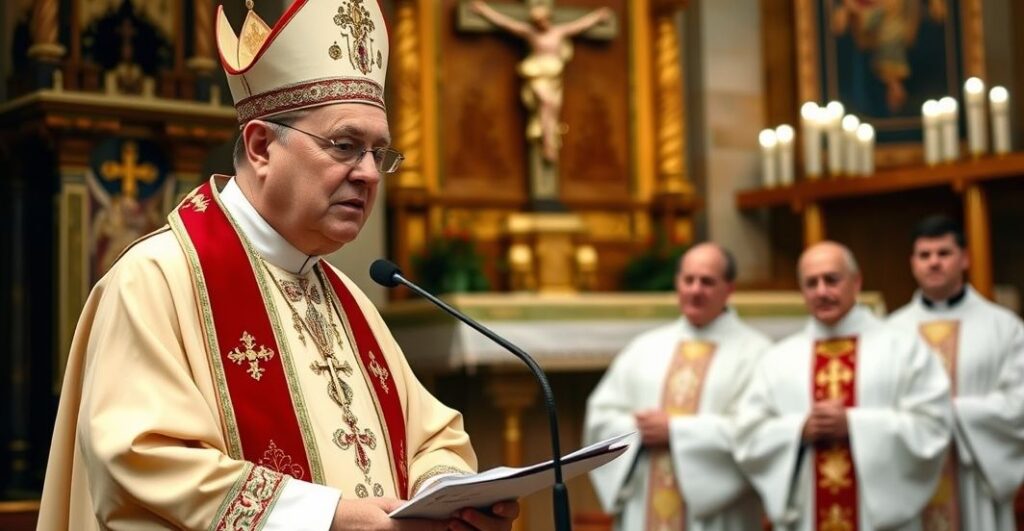 Biskup w liturgicznych szatach podczas kazania, symbolizujący tradycyjną katolicką autentyczność i sprzeciw wobec modernistycznego chaosu w Kościele.