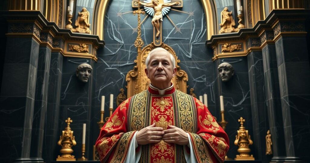 Katedra katolicka z biskupem w tradycyjnych szatach, modlący się przy ołtarzu z krucyfiksem, symbolizujący wierność tradycji i krytykę modernizmu w Kościele