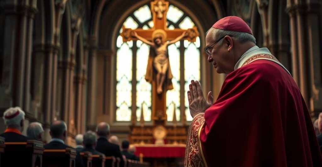 Tradycyjny katolicki biskup modlący się w kościelnej świątyni, wyraz pobożności i powagi