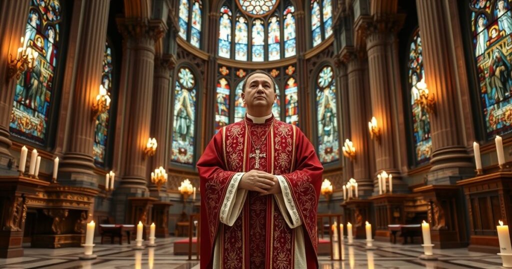 Biskup w tradycyjnym stroju liturgicznym modli się w katolickim kościele, symbolizując wierność i pobożność wobec prawdziwej Kościoła