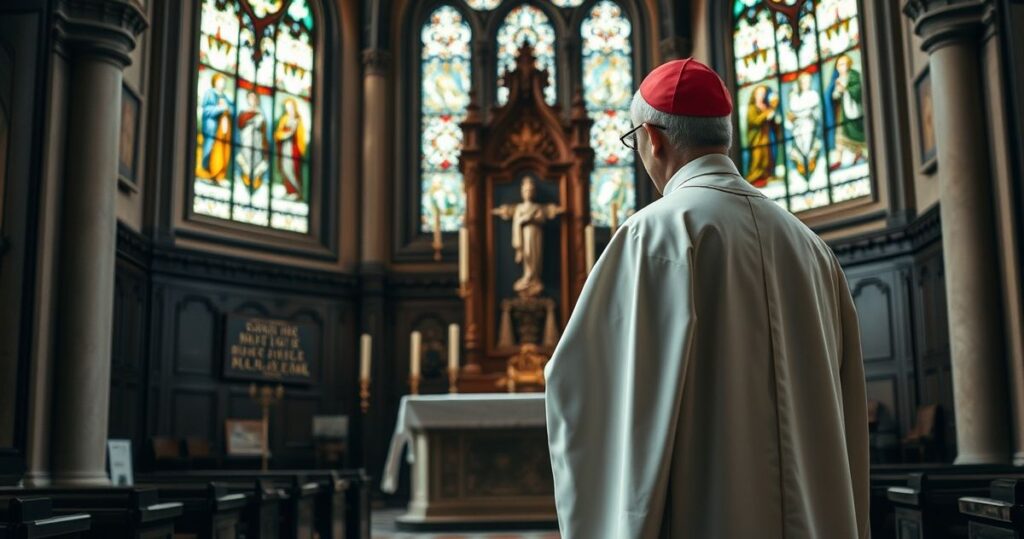 Realistyczny obraz tradycyjnego katolickiego biskupa w świątyni, symbolizujący obronę wiary wobec modernistycznych zagrożeń