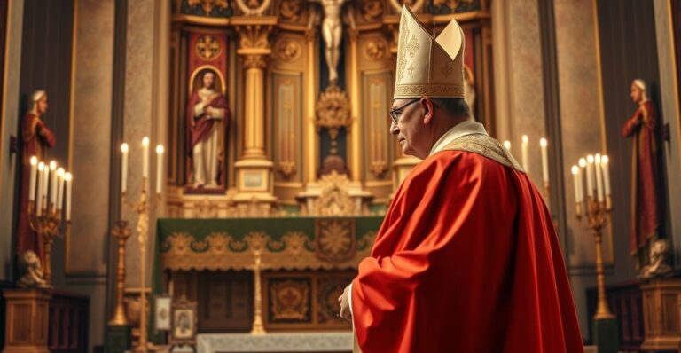 Rewersyjny katolicki biskup w liturgicznych szatach w tradycyjnej świątyni, wyrażający troskę o wiarę i autentyczną hierarchię Kościoła, symbolizujący obronę czystości doktryny przeciw modernistycznym reformom