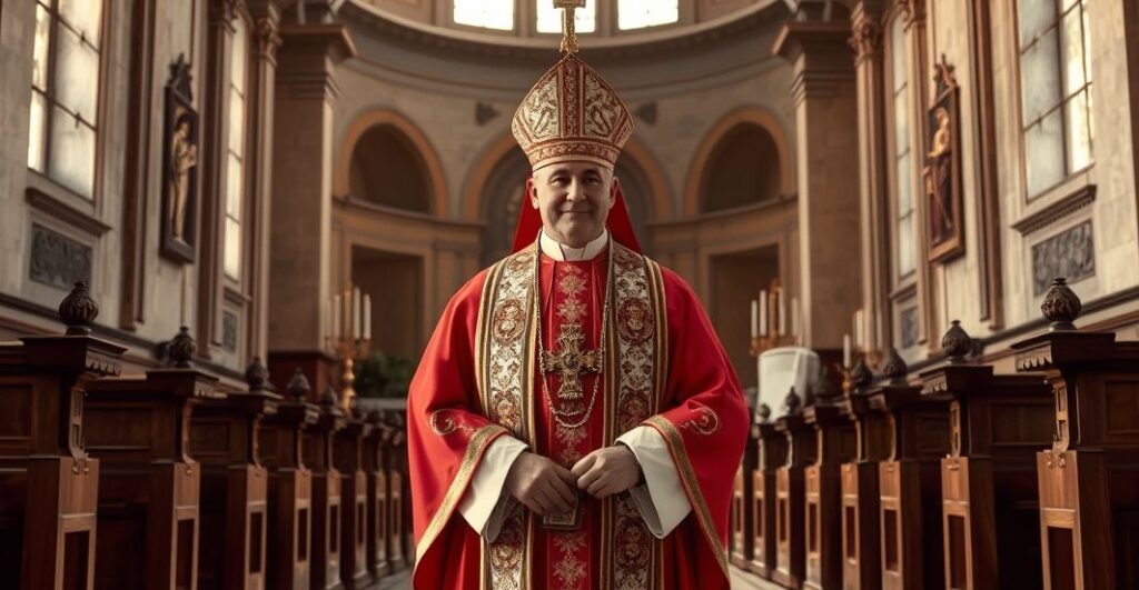 Realistyczny obraz tradycyjnego katolickiego biskupa w liturgicznych szatach w świątyni, ukazujący autentyczną hierarchię i powagę, odzwierciedlający katolicką tradycję i autorytet