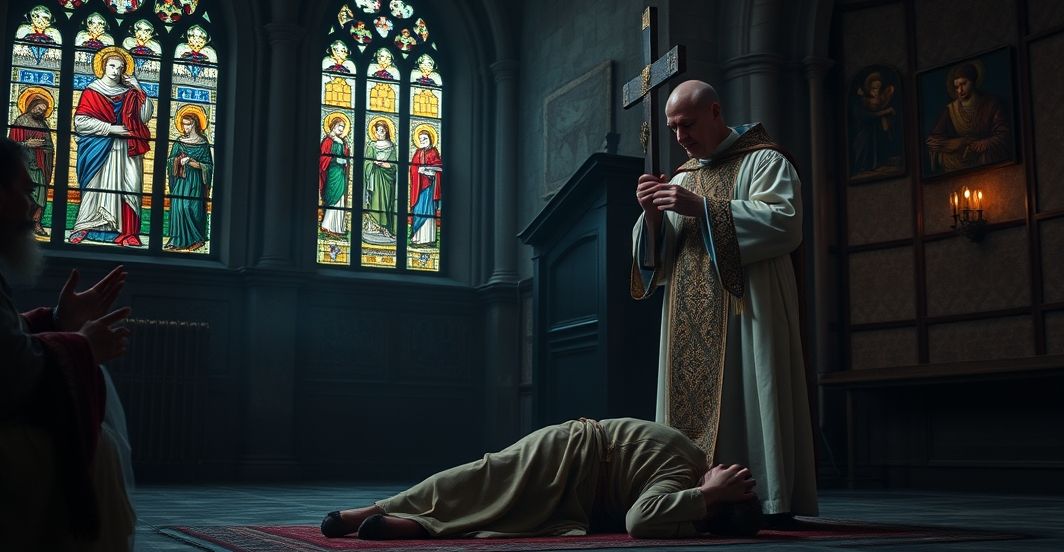 Tradycyjny katolicki egzorcysta wykonujący egzorcyzm zgodnie z rytem przedsoborowym w starożytnym kościele, z demonicznie opętaną osobą i świętymi witrażami.