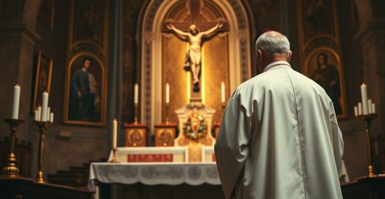 Duchown katolicki w tradycyjnym rynsztunku podczas liturgii, symbolizujący autentyczną wiarę i powagę sakramentu, w otoczeniu sakralnych obrazów
