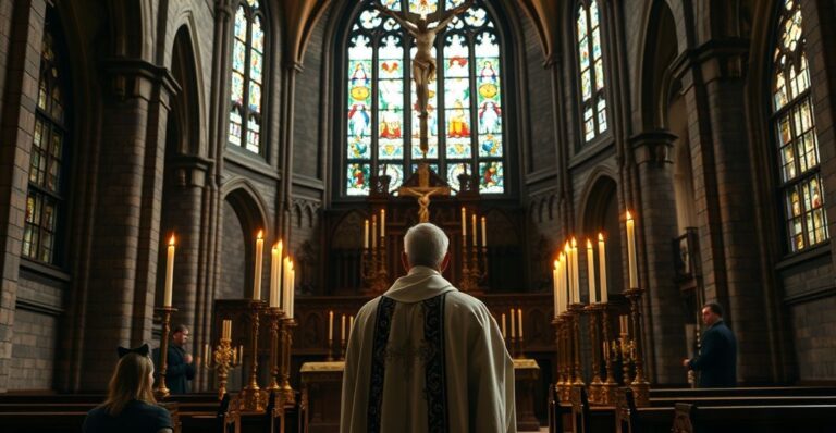 Kapłan w tradycyjnym habicie w starej katolickiej świątyni, z poważnym wyrazem twarzy, symbolizujący sprzeciw wobec modernistycznych błędów i apostazji w Kościele