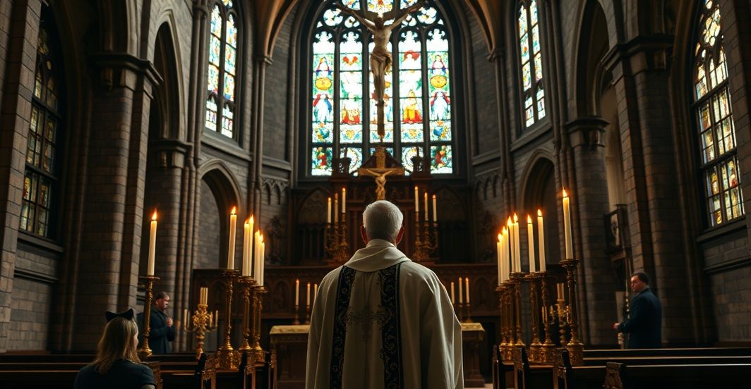 Kapłan w tradycyjnym habicie w starej katolickiej świątyni, z poważnym wyrazem twarzy, symbolizujący sprzeciw wobec modernistycznych błędów i apostazji w Kościele