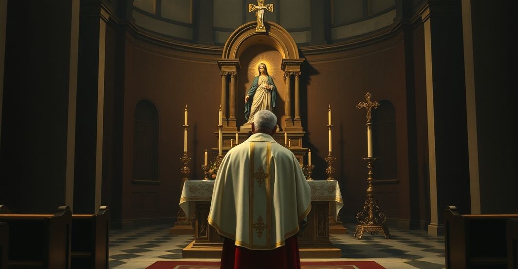 Szczera scena katolicka ukazująca tradycyjnego kapłana w krytycznym świetle Rewerentny obraz katolickiego kapłana przy ołtarzu w tradycyjnym kościele, symbolizujący autentyczną wiarę i krytykę modernistycznych tendencji