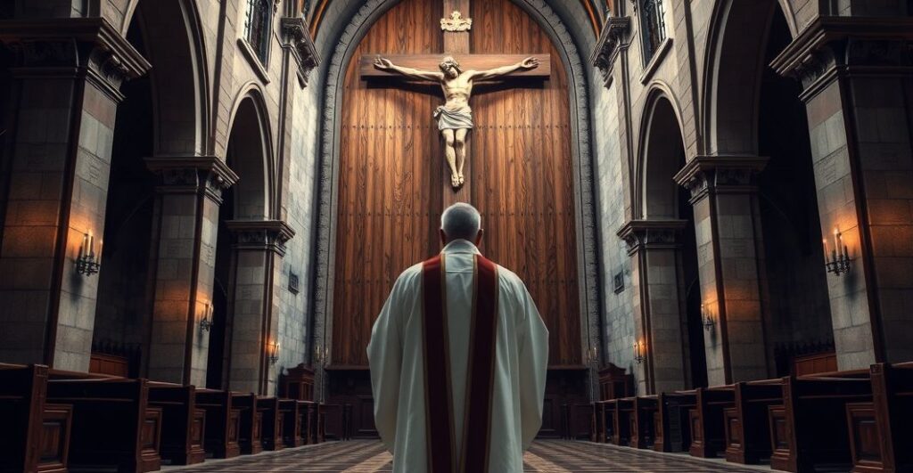Religijna scena w kościele z kapłanem przed krzyżem, podkreślająca powagę i tradycyjne wartości katolickie