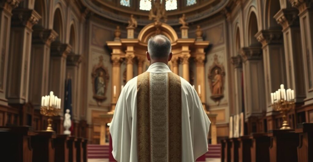Kapłan katolicki w tradycyjnym stroju liturgicznym odprawiający Mszę Świętą w świątyni, ukazujący powagę i sacrum prawdziwej liturgii katolickiej