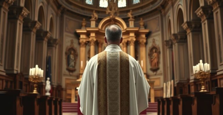 Kapłan katolicki w tradycyjnym stroju liturgicznym odprawiający Mszę Świętą w świątyni, ukazujący powagę i sacrum prawdziwej liturgii katolickiej