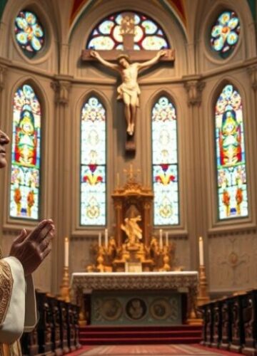 Tradycyjny katolicki kapłan modlący się w kościele Kapłan katolicki w tradycyjnych szatach modlący się w kościele, symbolizujący prawdziwą wiarę i sprzeciw wobec ekumenicznej mistyfikacji