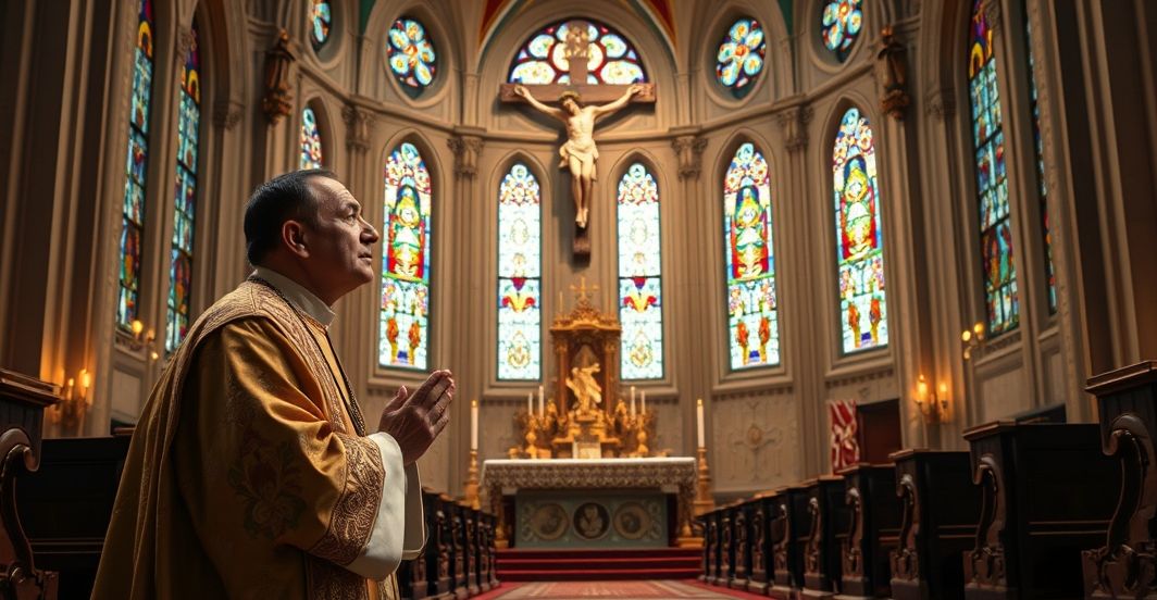 Szanowna scena katolicka z kapłanem w liturgii, odzwierciedlająca wierność tradycji