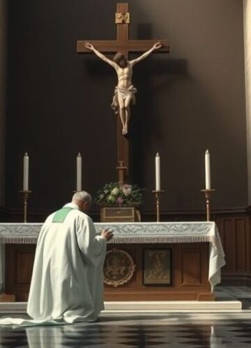 Rewersyjna scena katolicka z kapłanem w modlitwie przy ołtarzu Rewersyjna scena katolicka z kapłanem modlącym się przy ołtarzu, symbolizująca odrzucenie modernistycznej sekty i powrót do prawdziwej wiary
