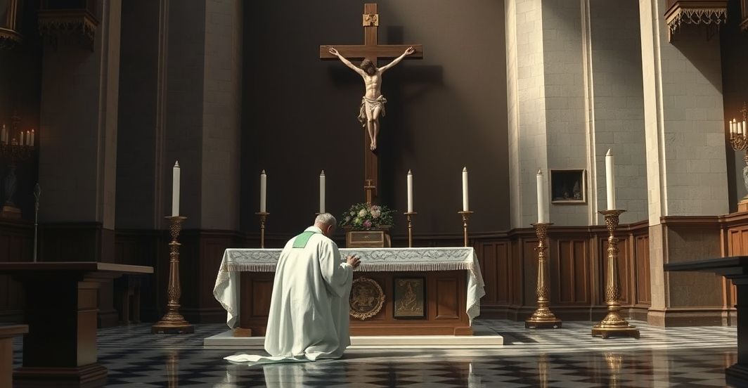 Rewersyjna scena katolicka z kapłanem modlącym się przy ołtarzu, symbolizująca odrzucenie modernistycznej sekty i powrót do prawdziwej wiary