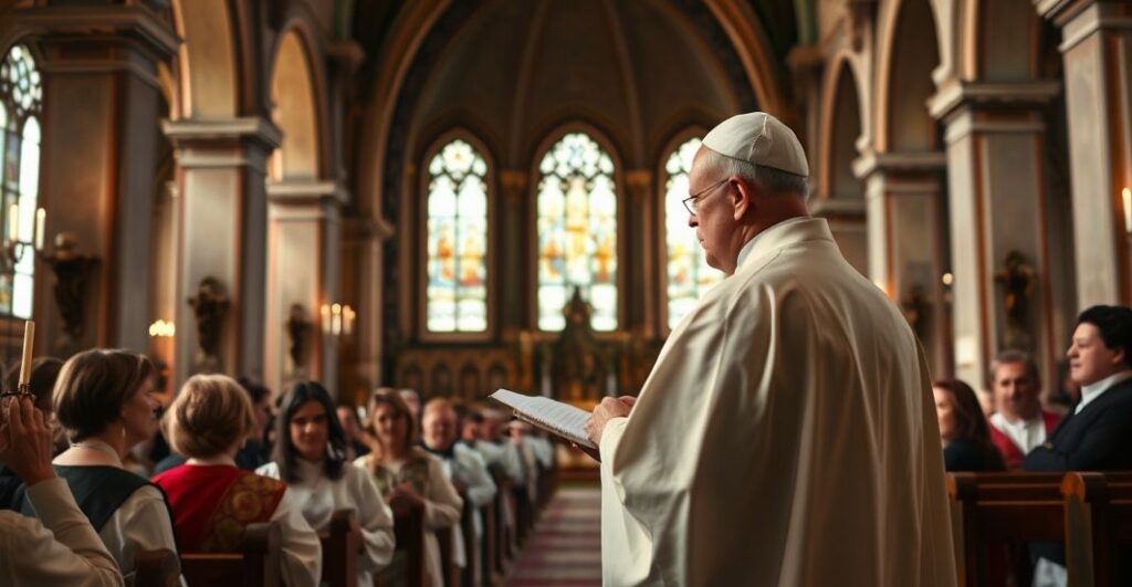 Katolicki obraz głęboko refleksyjnego księdza w tradycyjnym stroju, przemawiającego podczas liturgii w historycznym kościele, symbolizujący duchową powagę i tradycję.