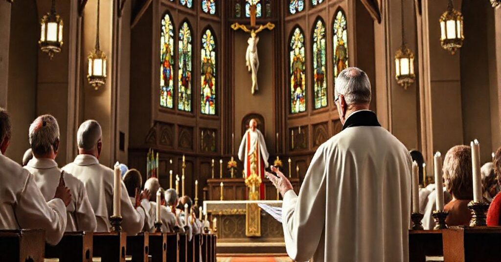 Realistyczny obraz katolickiego kapłana podczas modlitwy w sanktuarium, ukazujący wiernych i liturgię w duchu tradycyjnej nauki Kościoła