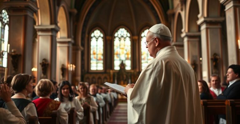 Katolicki obraz głęboko refleksyjnego księdza w tradycyjnym stroju, przemawiającego podczas liturgii w historycznym kościele, symbolizujący duchową powagę i tradycję.