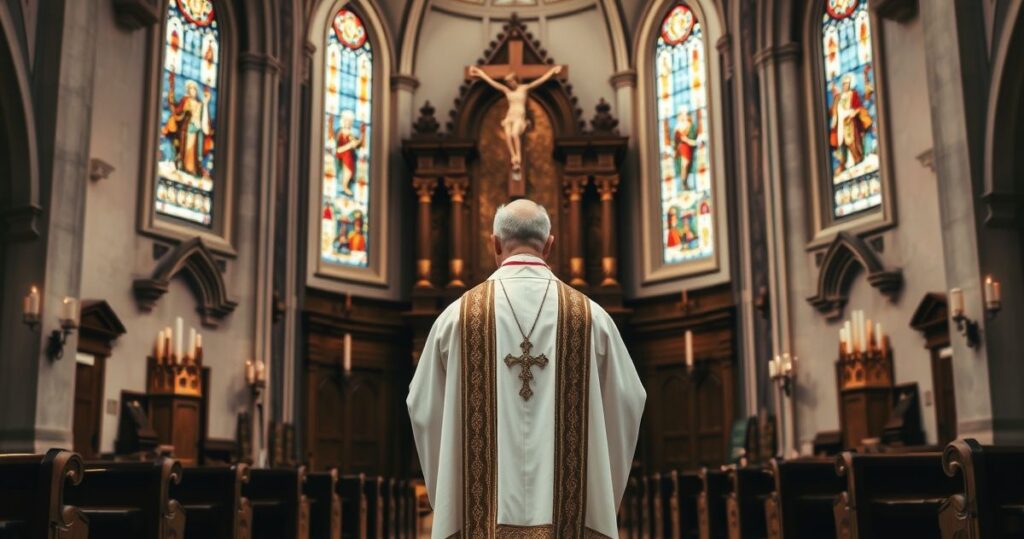 Fotografia realistycznego kapłana w tradycyjnych szatach kościelnych podczas liturgii w sanktuarium z witrażami i krucyfiksem, symbolizująca prawdziwe katolickie wartości i wierność nauce Kościoła.