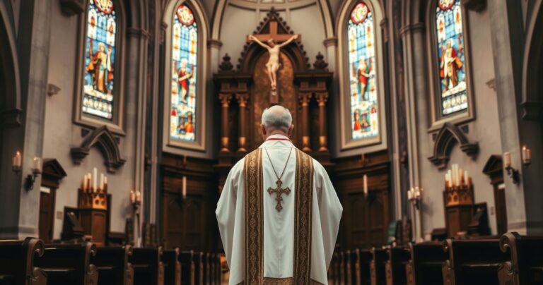 Fotografia realistycznego kapłana w tradycyjnych szatach kościelnych podczas liturgii w sanktuarium z witrażami i krucyfiksem, symbolizująca prawdziwe katolickie wartości i wierność nauce Kościoła.