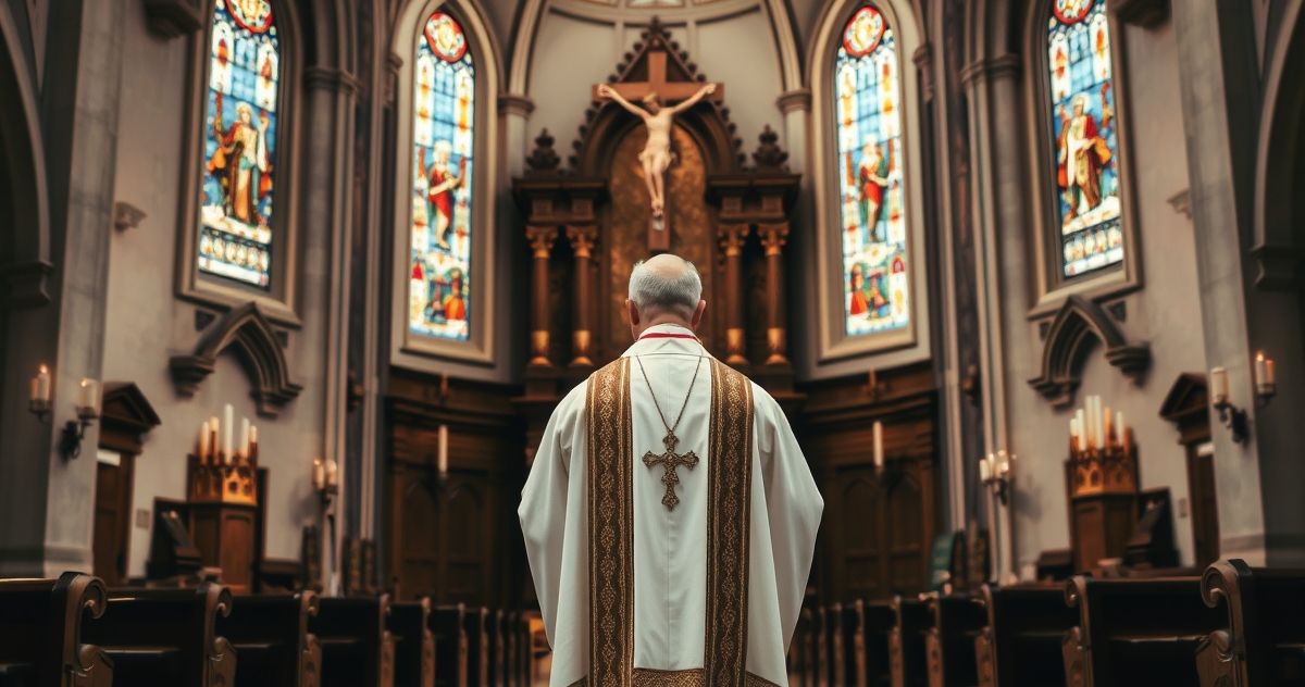 Tradycyjny katolicki kapłan w liturgii w sanktuarium Fotografia realistycznego kapłana w tradycyjnych szatach kościelnych podczas liturgii w sanktuarium z witrażami i krucyfiksem, symbolizująca prawdziwe katolickie wartości i wierność nauce Kościoła.