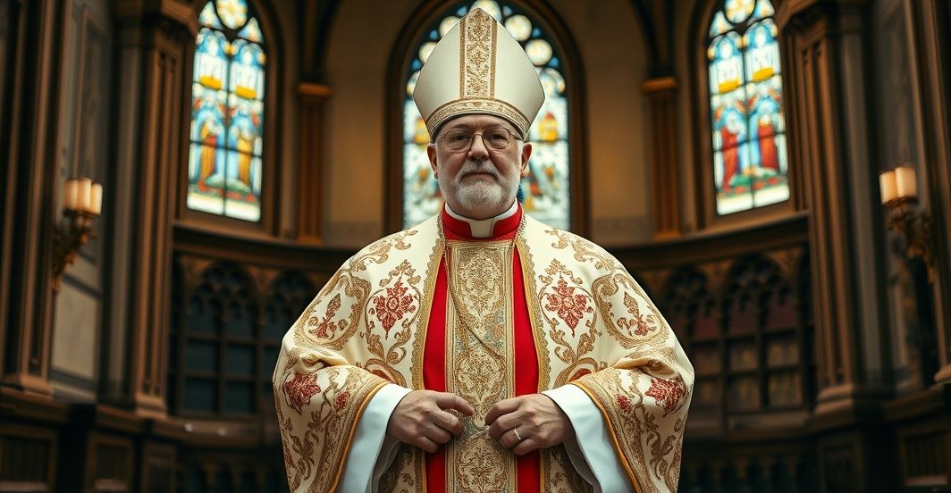 Kardynał w tradycyjnym stroju katolickim w świątyni, podkreślający autorytet i krytykę nowoczesnych zagrożeń duchowych