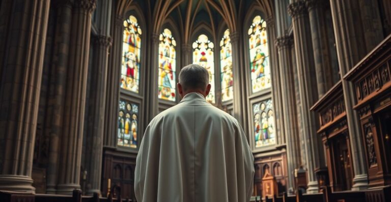 Kardynał w tradycyjnej sutannie przed ołtarzem, symbolizujący powagę i sacrum katolickiego sakramentu spowiedzi i Mszy św.