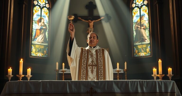 Tradycyjny katolicki altar z kapłanem, Eucharystią i krzyżem, symbolizujący głęboką wiarę i pobożność, odpowiedni dla katolickiego bloga.