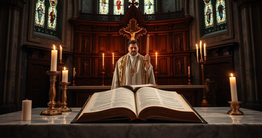 Realistyczne, pełne szacunku zdjęcie tradycyjnego ołtarza katolickiego z kapłanem trzymającym krucyfiks, świecami i otwartą Biblią, symbolizujące wierność naukom Kościoła i moralnej jasności.