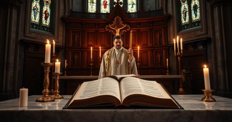 Realistyczne, pełne szacunku zdjęcie tradycyjnego ołtarza katolickiego z kapłanem trzymającym krucyfiks, świecami i otwartą Biblią, symbolizujące wierność naukom Kościoła i moralnej jasności.