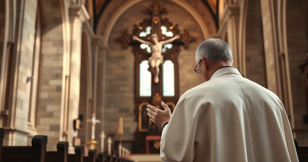 Kardynał modli się przed krzyżem w tradycyjnej katedrze, ukazując głęboką pobożność i wierność naukom katolickim bez nowoczesnych symboli.