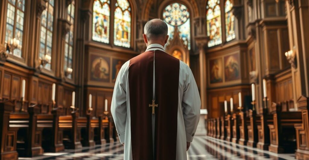 Kobieta w tradycyjnych szatach kapłańskich na tle starożytnej katedry, ukazująca powagę i kult sacrum w katolickim kościele