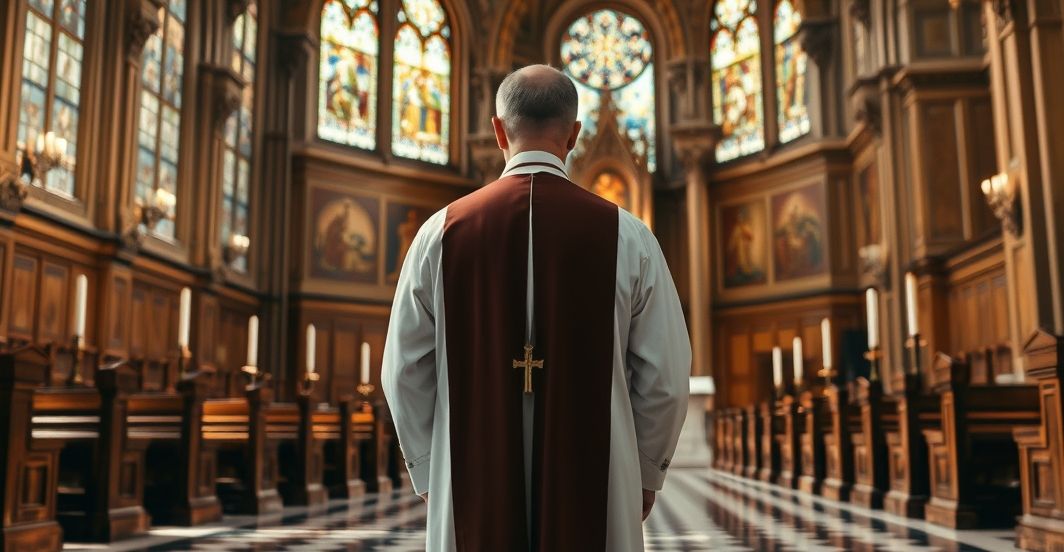 Tradycyjny katolicki duchowny w świątyni zniszczonej modernizmem Kobieta w tradycyjnych szatach kapłańskich na tle starożytnej katedry, ukazująca powagę i kult sacrum w katolickim kościele