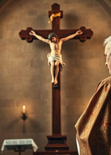 Sakramentalna modlitwa w tradycyjnej katolickiej świątyni Katolicki kapłan modli się przed krucyfiksem w tradycyjnej świątyni, ukazując duchową głębię i powagę wiary przeciw nowoczesnym tendencjom