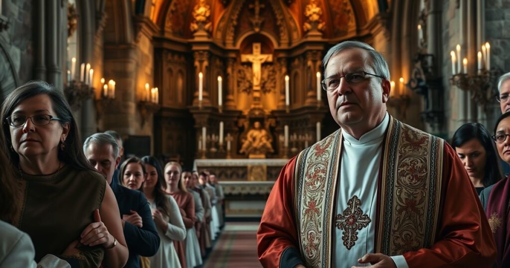 Obraz katolickiego kapłana modlącego się w tradycyjnym kościele, symbolizujący odrzucenie modernistycznych herezji