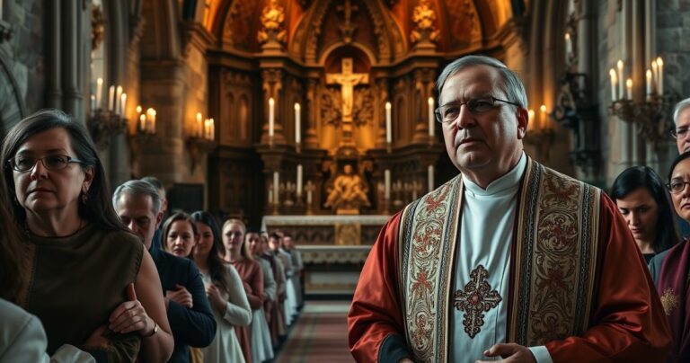 Obraz katolickiego kapłana modlącego się w tradycyjnym kościele, symbolizujący odrzucenie modernistycznych herezji