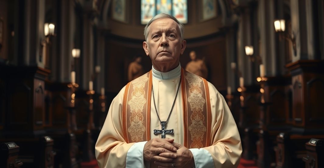 Obraz katolickiego kapłana w tradycyjnym ornacie w wnętrzu kościoła, wyrażający głęboką refleksję i wierność naukom Kościoła.