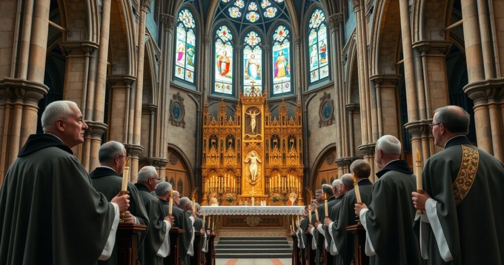 Obraz tradycyjnego katolickiego kapłana w liturgii w klasycznym wnętrzu kościoła, symbolizujący prawdziwą naukę o Chrystusie Królu