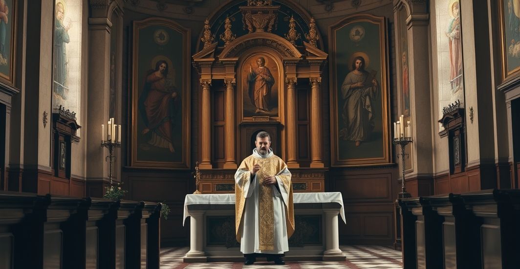 Obraz katolickiego duchownego przy ołtarzu, wyraz powagi i kontemplacji, ukazujący krytykę nowoczesnej liturgii i fałszywej świętości.