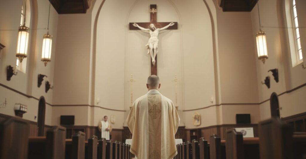 Ołtarz w tradycyjnej katolickiej świątyni z kapłanem w ornacie podczas modlitwy, symbolizujący autentyczną wiarę i kult
