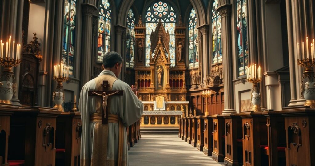 Klasztor, kapłan w tradycyjnych szatach, modlitwa w świątyni, skupiona wiara, tradycyjna liturgia, spokojne wnętrze kościoła, wyraz religijnej pobożności