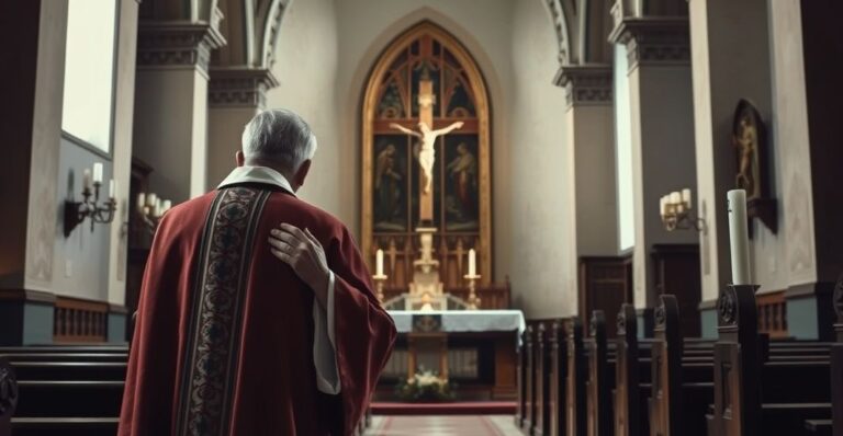 Ołtarz w tradycyjnej katolickiej świątyni z kapłanem w ornacie podczas modlitwy, symbolizujący autentyczną wiarę i kult